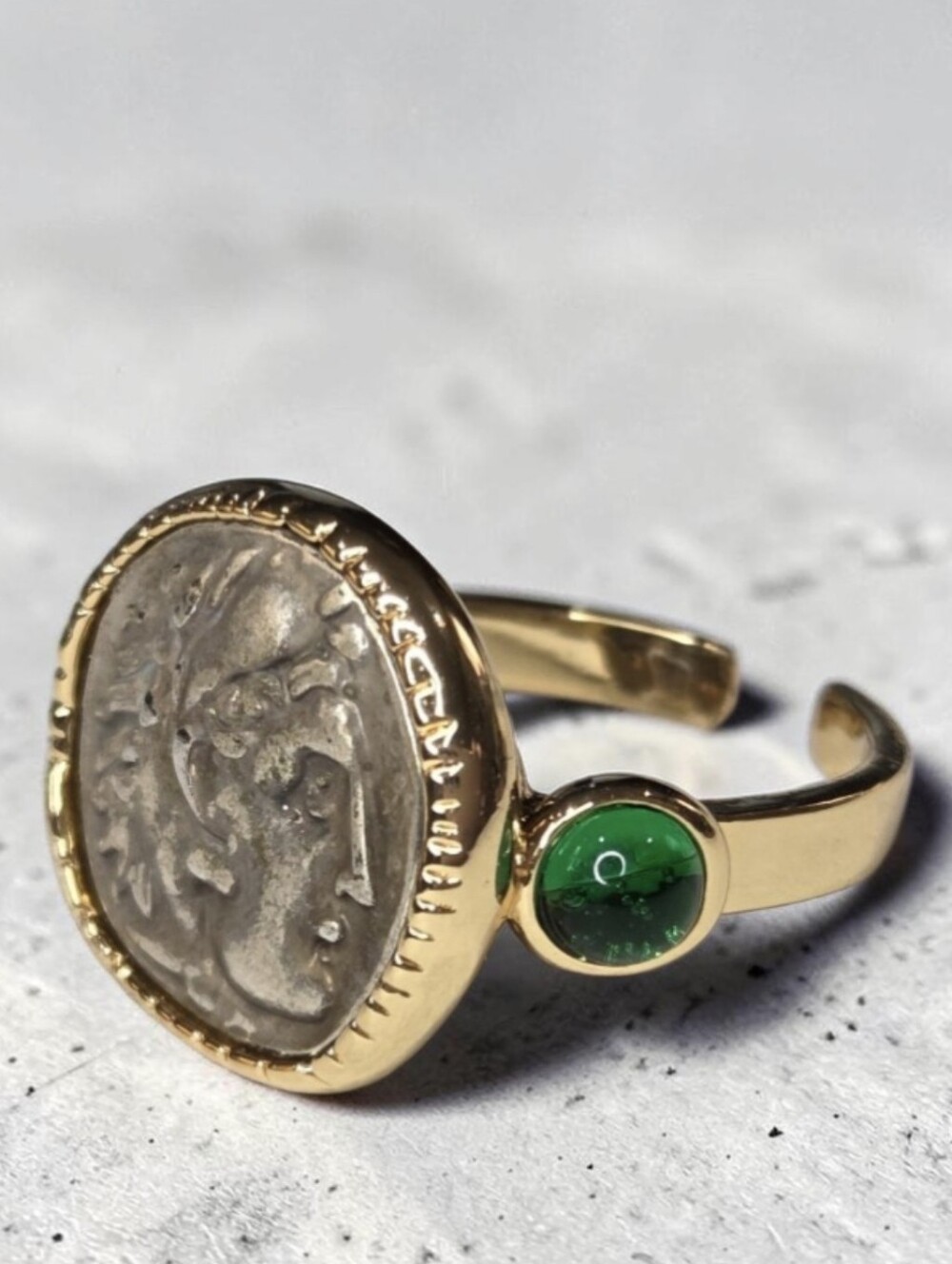 18k Gold Plated Ancient Byzantine Coin Emerald Cabochon Ring